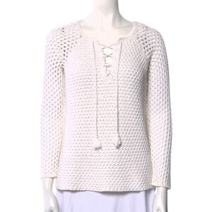 Rebecca Taylor Cream Knit Crochet Sweater Tassel Neck — Size L